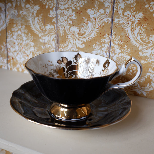 Vintage Porcelain English Tea Coffee China Cup & Saucer - Black & Gold Tones 