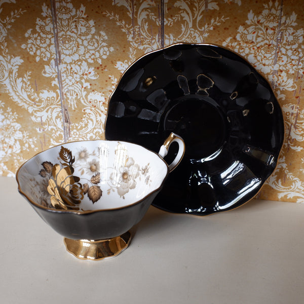 Vintage Porcelain English Tea Coffee China Cup & Saucer - Black & Gold Tones 
