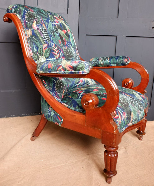 Antique Victorian Mahogany Fireside Library Carved Slipper Chair Lounge Velvet Armchair