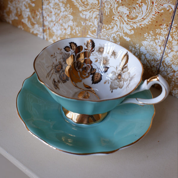Vintage Queen Anne English Tea Coffee Bone China Cup & Saucer - Sea Green & Gold Tones 