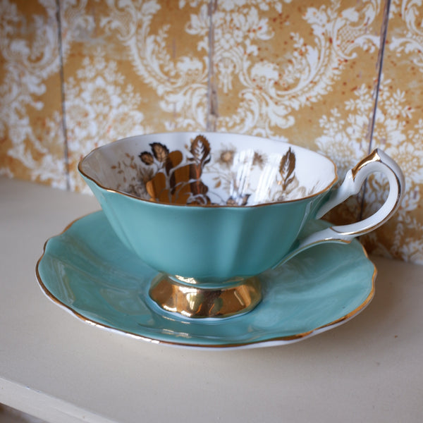 Vintage Queen Anne English Tea Coffee Bone China Cup & Saucer - Sea Green & Gold Tones 
