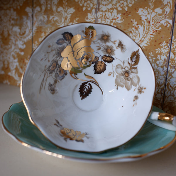 Vintage Queen Anne English Tea Coffee Bone China Cup & Saucer - Sea Green & Gold Tones 