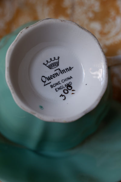 Vintage Queen Anne English Tea Coffee Bone China Cup & Saucer - Sea Green & Gold Tones 