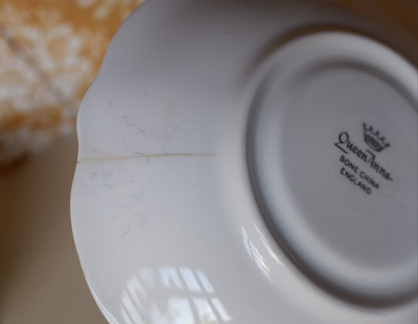 Vintage Queen Anne English Tea Coffee Bone China Cup & Saucer - Sea Green & Gold Tones