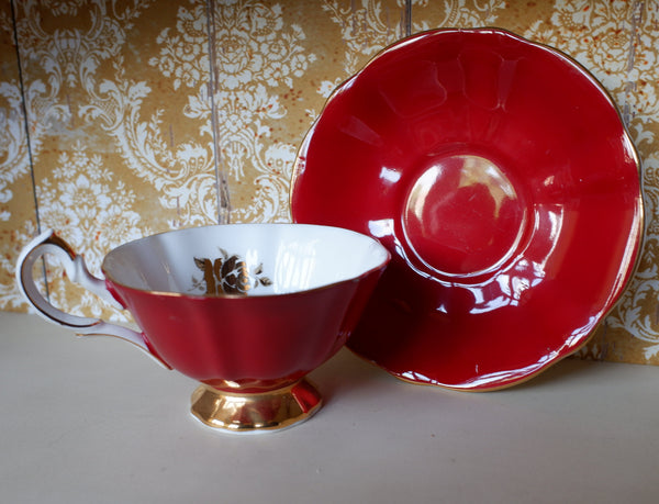 Vintage Queen Anne English Tea Coffee Bone China Cup & Saucer -Deep Red & Gold Tones 