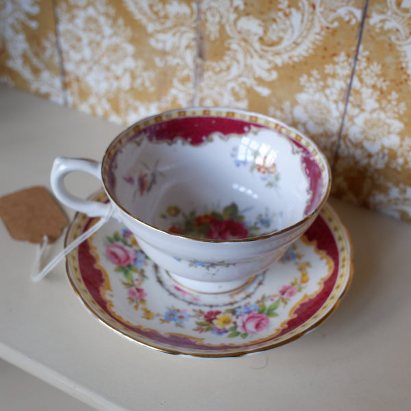 Vintage English Tea Coffee Bone China Cup & Saucer -Burgundy & Gold Tones