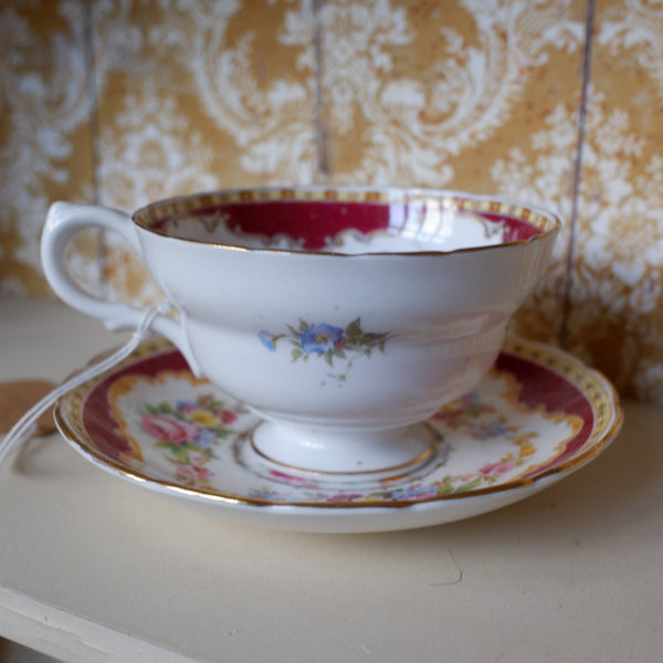 Vintage English Tea Coffee Bone China Cup & Saucer -Burgundy & Gold Tones