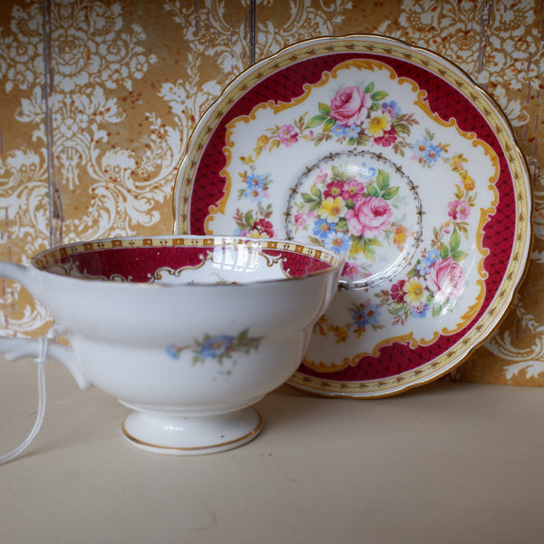 Vintage English Tea Coffee Bone China Cup & Saucer -Burgundy & Gold Tones