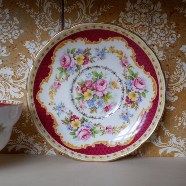 Vintage English Tea Coffee Bone China Cup & Saucer -Burgundy & Gold Tones