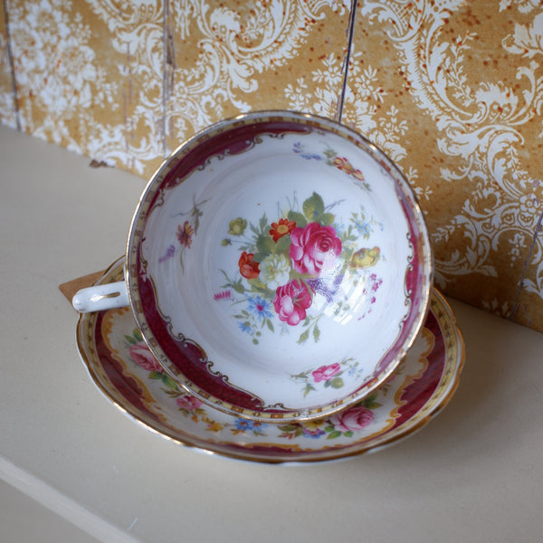 Vintage English Tea Coffee Bone China Cup & Saucer -Burgundy & Gold Tones
