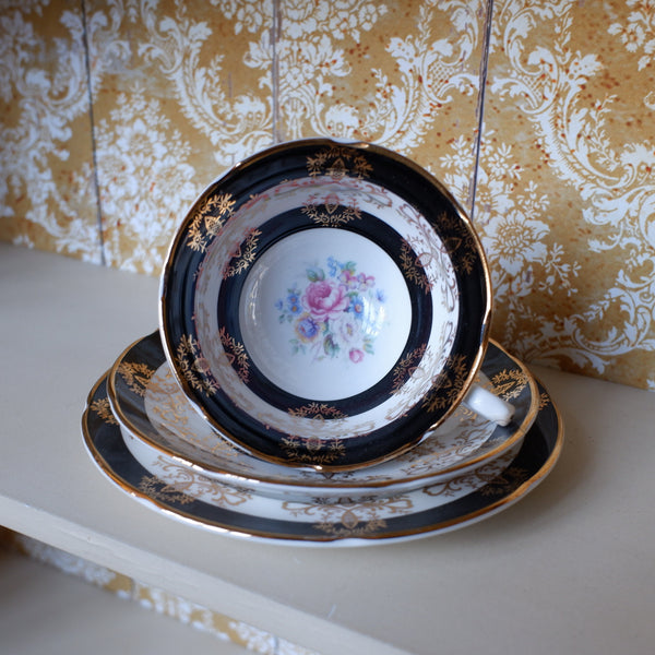 3 Pc Vintage English Tea Coffee Bone China Cup & Saucer Side Plate - Royal Grafton - Black & Gold Tones