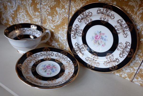 3 Pc Vintage English Tea Coffee Bone China Cup & Saucer Side Plate - Royal Grafton - Black & Gold Tones