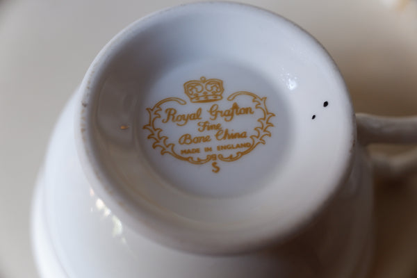 3 Pc Vintage English Tea Coffee Bone China Cup & Saucer Side Plate - Royal Grafton - Black & Gold Tones