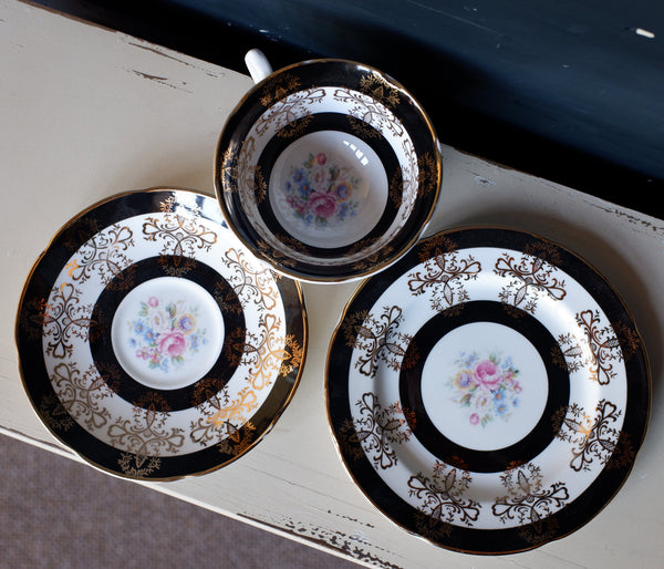 3 Pc Vintage English Tea Coffee Bone China Cup & Saucer Side Plate - Royal Grafton - Black & Gold Tones