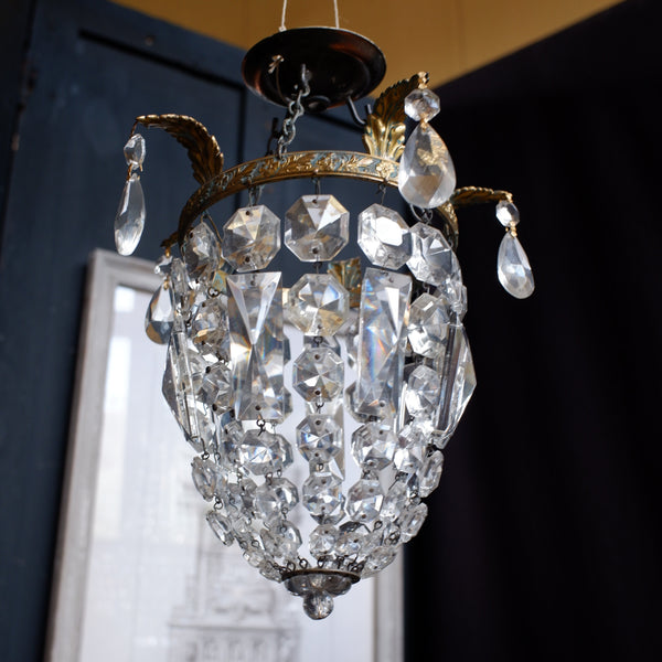 Vintage French LEAD Crystal Glass Bag Chandelier Brass Pendant Ceiling Light