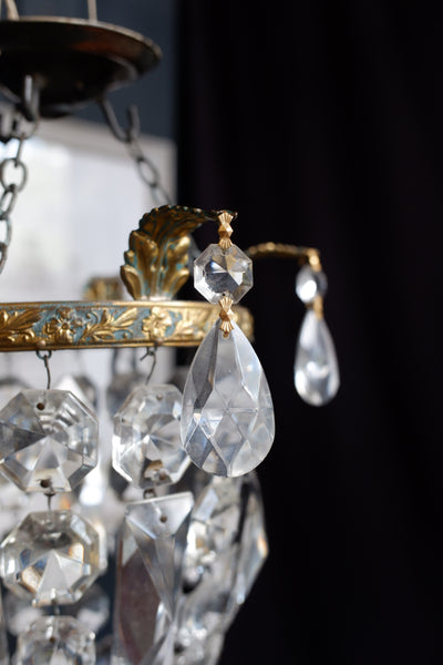 Vintage French LEAD Crystal Glass Bag Chandelier Brass Pendant Ceiling Light