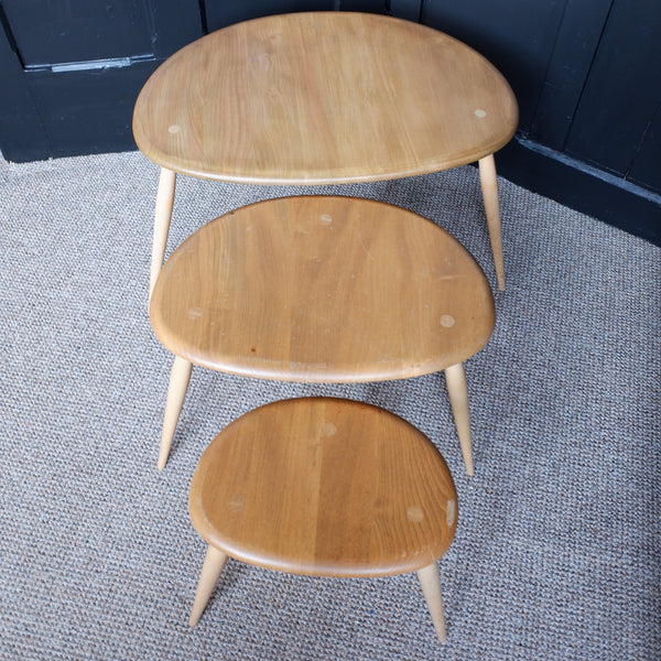 ERCOL Nest Of 3 Coffee Tables Vintage Retro Pebble Nesting Side Elm Wood 354C