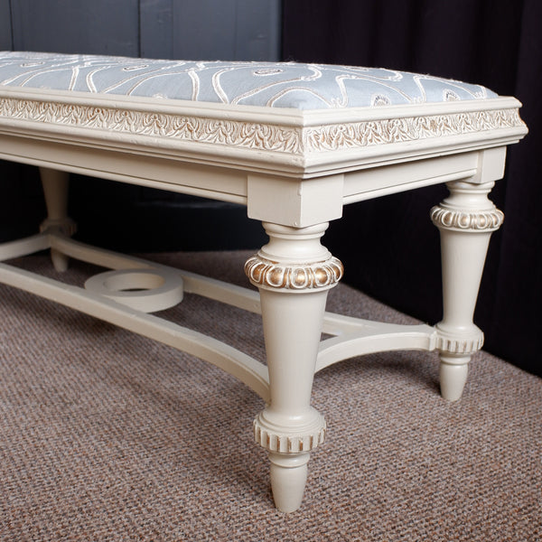 Antique French Cream & Gold Shabby Chic LINEN Piano Dressing Table STOOL Ornate Window Seat Bench