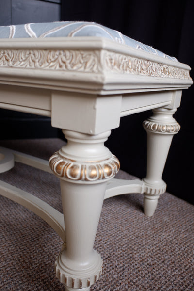 Antique French Cream & Gold Shabby Chic LINEN Piano Dressing Table STOOL Ornate Window Seat Bench
