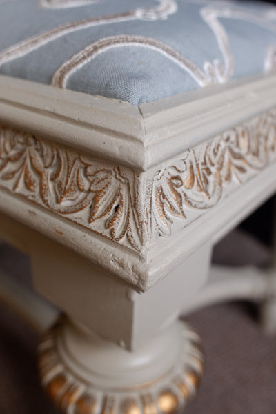 Antique French Cream & Gold Shabby Chic LINEN Piano Dressing Table STOOL Ornate Window Seat Bench