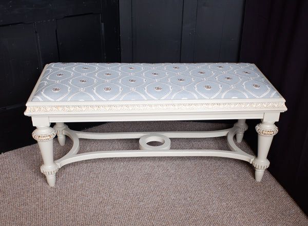 Antique French Cream & Gold Shabby Chic LINEN Piano Dressing Table STOOL Ornate Window Seat Bench