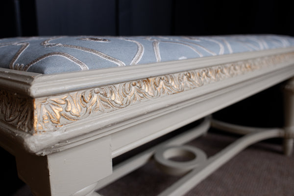 Antique French Cream & Gold Shabby Chic LINEN Piano Dressing Table STOOL Ornate Window Seat Bench