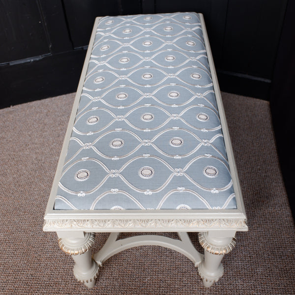 Antique French Cream & Gold Shabby Chic LINEN Piano Dressing Table STOOL Ornate Window Seat Bench