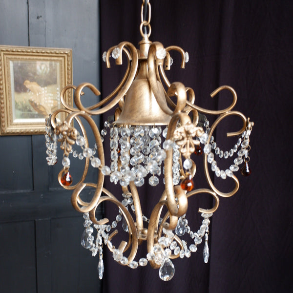 Vintage Italian Crystal Teardrop Gold Chandelier Pendant Scrolled Hexagonal Ceiling Light