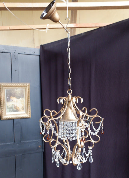 Vintage Italian Crystal Teardrop Gold Chandelier Pendant Scrolled Hexagonal Ceiling Light