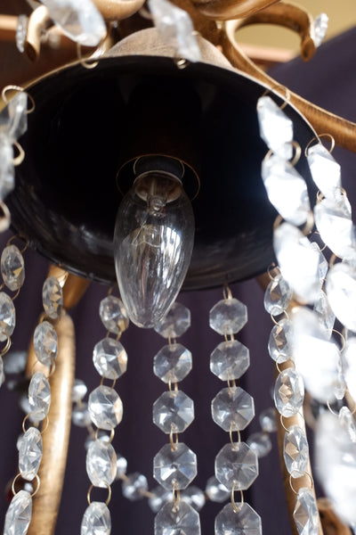Vintage Italian Crystal Teardrop Gold Chandelier Pendant Scrolled Hexagonal Ceiling Light