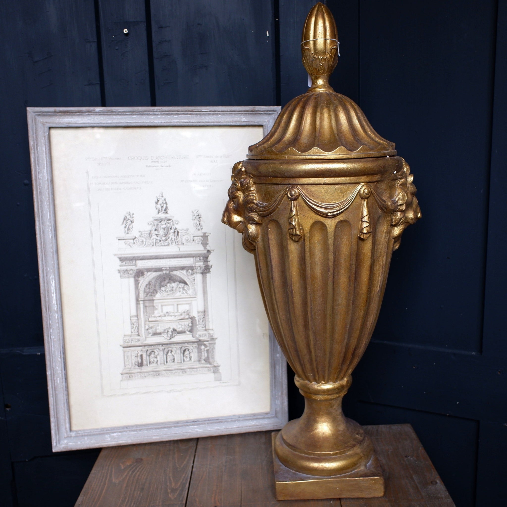 New Vintage French Style URN Finial Shabby Chic Gold Decorative Lions Head Pot