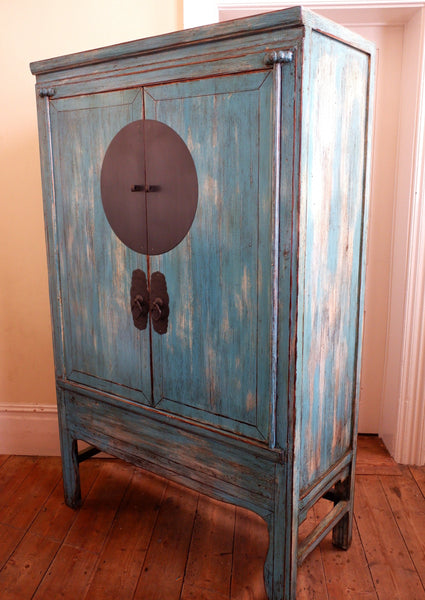 Oriental Style Tall Blue Rustic Storage Wedding Cabinet Cupboard Bookcase Armoire