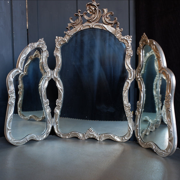 French Silver Ornate Carved Kidney Shaped Dressing Console Table Triple Mirror