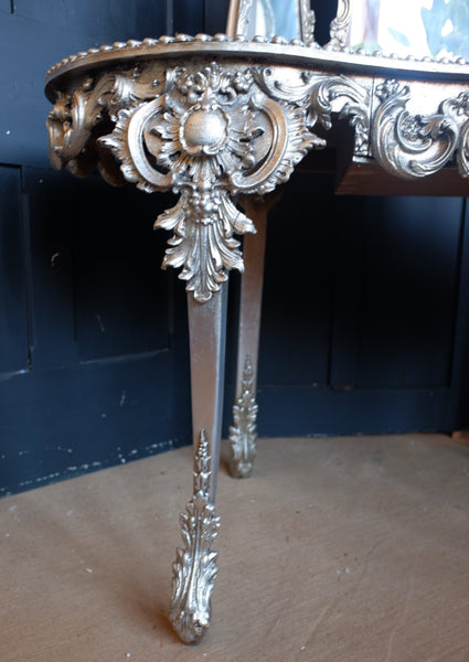 French Silver Ornate Carved Kidney Shaped Dressing Console Table Triple Mirror