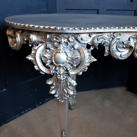 French Silver Ornate Carved Kidney Shaped Dressing Console Table Triple Mirror