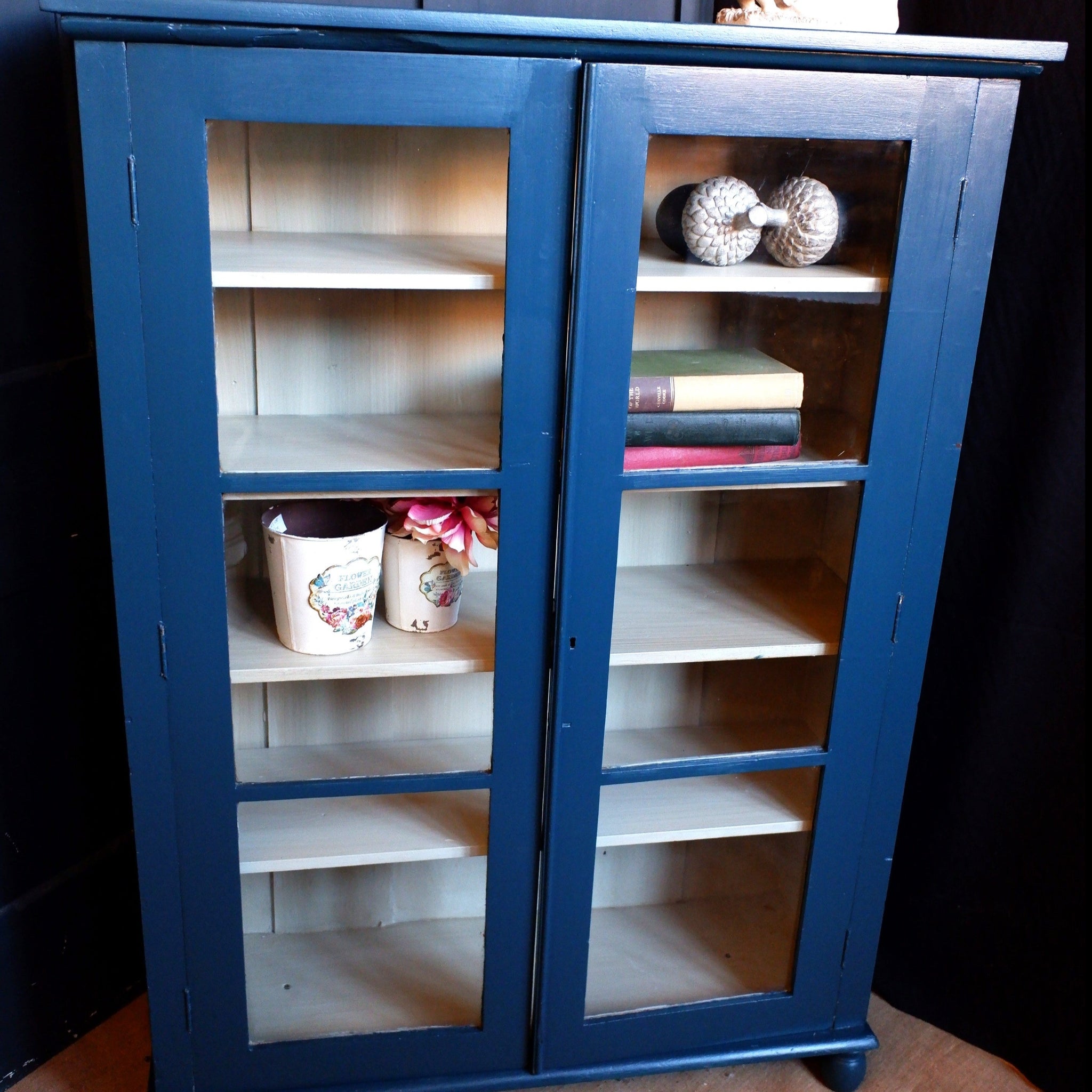 Antique Mahogany BLUE Shabby Chic Display China APOTHECARY Cabinet Cupboard Unit