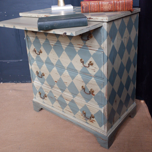 Antique Style Green & Cream Painted Checker Board Rustic Chest of 4 Drawers Desk