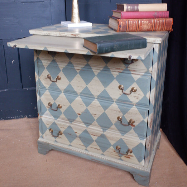 Antique Style Green & Cream Painted Checker Board Rustic Chest of 4 Drawers Desk