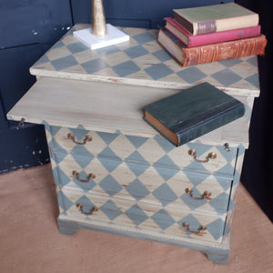 Antique Style Green & Cream Painted Checker Board Rustic Chest of 4 Drawers Desk