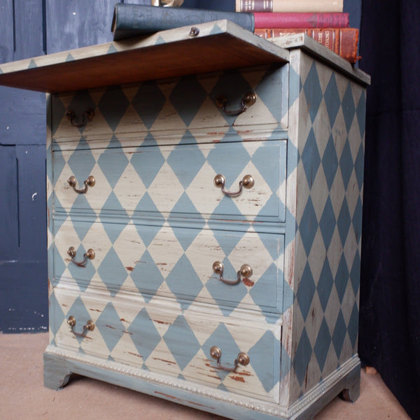 Antique Style Green & Cream Painted Checker Board Rustic Chest of 4 Drawers Desk