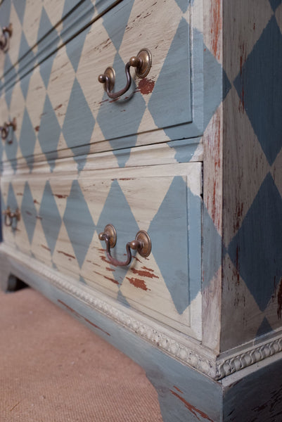 Antique Style Green & Cream Painted Checker Board Rustic Chest of 4 Drawers Desk