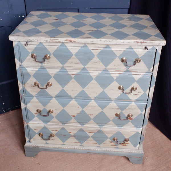 Antique Style Green & Cream Painted Checker Board Rustic Chest of 4 Drawers Desk