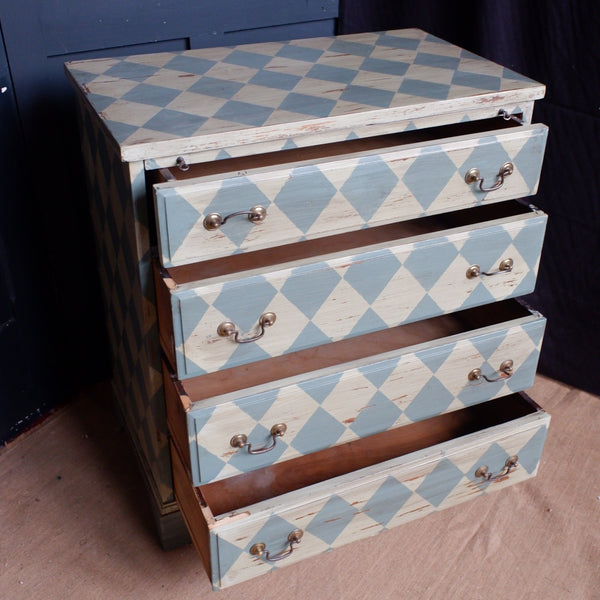 Antique Style Green & Cream Painted Checker Board Rustic Chest of 4 Drawers Desk