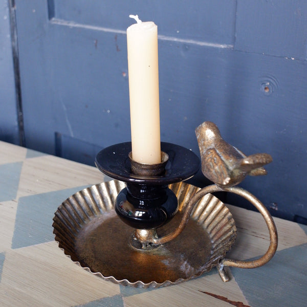 NEW French Style BIRD Gold & Black Porcelain & Metal Candleholder Chamber Stick with Tray