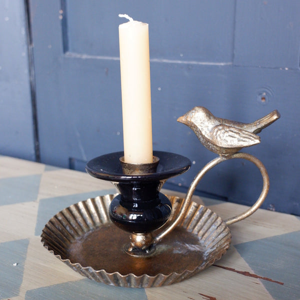 NEW French Style BIRD Gold & Black Porcelain & Metal Candleholder Chamber Stick with Tray