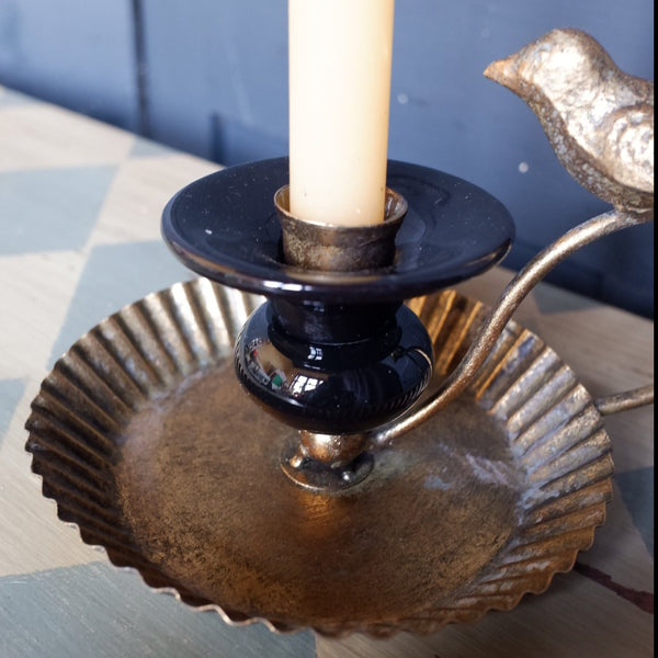 NEW French Style BIRD Gold & Black Porcelain & Metal Candleholder Chamber Stick with Tray