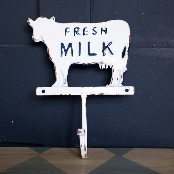 NEW French Vintage Wall ENAMEL White Cow Fresh Milk Coat Towel Door HOOK Rustic
