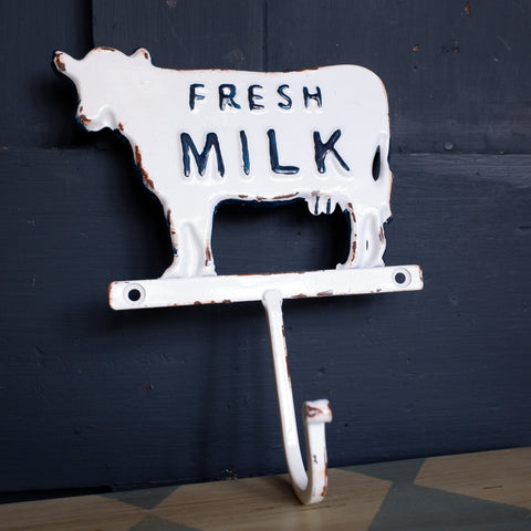 NEW French Vintage Wall ENAMEL White Cow Fresh Milk Coat Towel Door HOOK Rustic