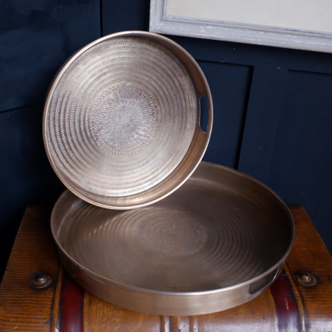 New Set of 2 Round Serving Trays Shabby Chic Rustic Decorative Metal Embossed