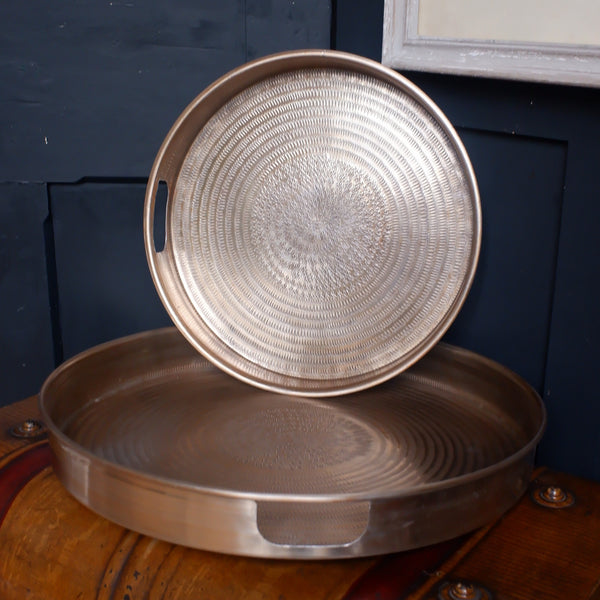 New Set of 2 Round Serving Trays Shabby Chic Rustic Decorative Metal Embossed